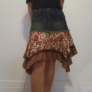 NWOT Unique Denim and flower pattern cotton fit and flare mini skirt,